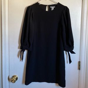 *H&M Black Textured 3/4 Puff Sleeve Size 2 Shift Midi Dress #Br